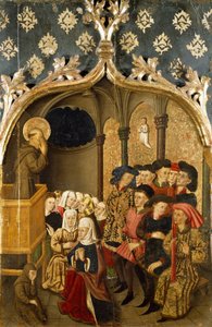 Visioen tijdens preek, detail van linker paneel van St Bernand Altaarstuk door Rafael Tomas, predella door Joan Figuera
