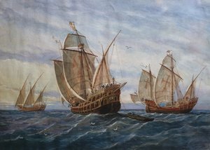 De drie karvelen van Christoffel Columbus door Rafael Monleon y Torres