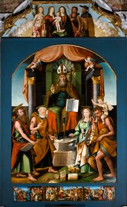 Sint Blasius op de troon tussen Sint Petrus, Paulus, Catharina van Alexandrië en Christoffel, centraal altaarstuk door Raffaele De (fl.1514 1573) Pancalino