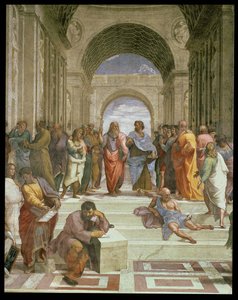 De School van Athene, detail van het centrum met verschillende figuren waaronder Plato, Aristoteles, Michelangelo als Heraclitus en Diogenes (detail) door Raffaello Sanzio Raphael