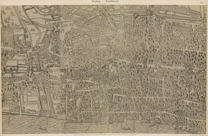 Civitas Londinium, uit de originele survey in de Guildhall Library, uit het bewind van Koningin Elizabeth door Ralph Agas