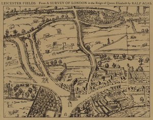 Leicester Fields, uit een onderzoek van Londen tijdens het bewind van koningin Elizabeth door Ralph Agas door Ralph Agas