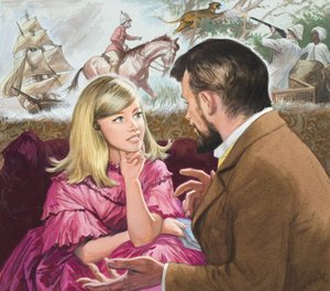 Mary Kingsley (1862-1900) de ontdekkingsreiziger, luisterend naar haar oom, de verhalenverteller Charles Kingsley (1819-75) (gouache op papier)
