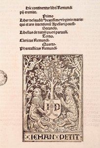 Pagina van het codex "De Laudibus Beatissimae Virginis Mariae" door Ramon Llull (1235-1315), met twee leeuwen die het wapen van de drukker Jehan Petit vasthouden door Ramon Llull