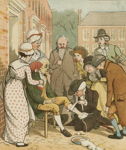 Een elegie op de dood van een dolle hond door Oliver Goldsmith. Buren verzorgen de beet van de goede man van Islington. Illustratie door Randolph Caldecott