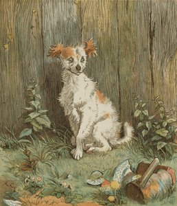 Een elegie over de dood van een dolle hond door Oliver Goldsmith. Zwerfhond bevriend door goede man van Islington. Illustratie door Randolph Caldecott