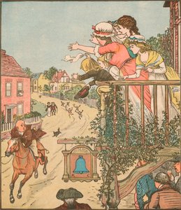 John Gilpin galoppeert langs de Bell Inn terwijl zijn vrouw en kinderen vanaf het balkon zwaaien, 1878, c1918
