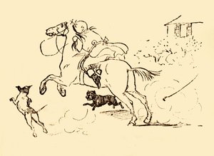 John Gilpin wordt achtervolgd door honden terwijl zijn paard op hol slaat, 1878, ca. 1918 door Randolph Caldecott
