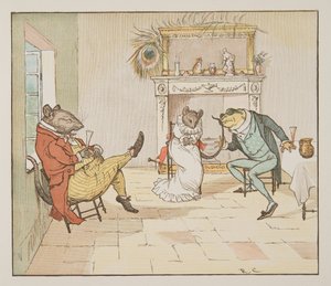 "Bid, meneer Kikker, wilt u ons een liedje geven?", uit The Hey Diddle Diddle Picture Book, pub.1882