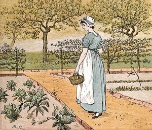 Ze ging de tuin in om een koolblad te snijden om een appeltaart te maken, illustratie uit 