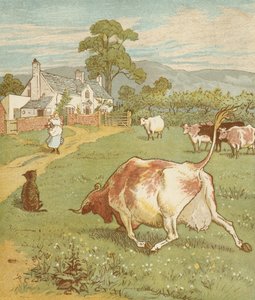 Het huis dat Jack bouwde, cumulatieve kinderrijm. Dit is de koe met de verfrommelde hoorn die de hond gooide... Illustratie door Randolph Caldecott. door Randolph Caldecott