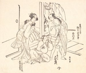 Scène uit een Drama: Matsumoto Koshiro I en Twee Andere Acteurs door Ranshu