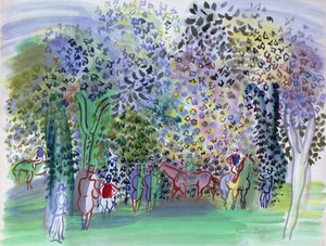 Paarden en jockeys onder de bomen, c.1930-1 (aquarel) door Raoul Dufy