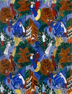 Schaatsers, ontwerp voor bedrukte zijde, ca. 1914-20 (kleurenlitho)