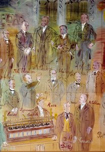 La Fee Electricite, detail: Portretten van verschillende intellectuelen en wetenschappers: Jules Francois Joubert, Elihu Thomson, Ernst Werner Siemens, Charles Proteus Steinmetz, Marcel Deprez, Gaston Plante, Gabriel Lippmann, John Kerr, Maurice Leblanc, H