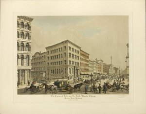 Hoek van Lake en La Salle Straten, Chicago, Marine Bank Gebouw in het Jaar 1864
