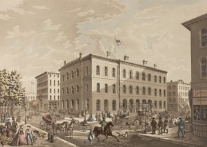 N.W. Hoek van Dearborn en Monroe Straten, Chicago, met het Postkantoorgebouw in het Jaar 1865