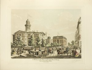 N.W. Hoek van LaSalle en Randolph, Chicago, met het Gerechtsplein in het Jaar 1864 door Raoul Varin