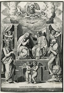 Kroning van de Maagd in aanwezigheid van Sint-Jan de Doper en Sint-Hieronymus door Raphael (1483 1520) (after)