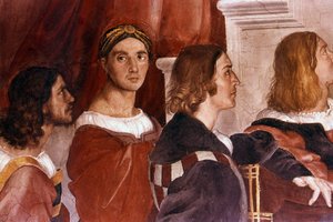 Detail van Rafaël (midden van voren) uit de mis in Bolsena. 1514. Fresco van Rafaël (14831520):Raffaello Sanzio.