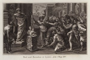 Raphael cartoon: Paulus en Barnabas in Lystra, Handelingen, Hoofdstuk XIV (gravure)