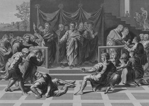De dood van Ananias (gravure) door after Raphael