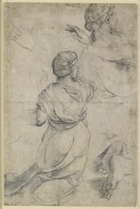 Recto: Studies voor twee knielende vrouwen, WA1846.198 (zwarte krijt) door Raphael