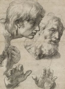 Studies van de hoofden van twee apostelen en hun handen door Raphael