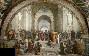 De School van Athene. Fresco in Stanza della Segnatura, ca. 1510-1511 door Raphael