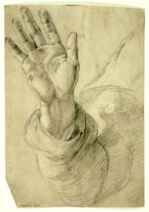 Opgeheven rechterhand, met handpalm naar buiten: studie voor Sint Petrus, 1518-20 door Raphael