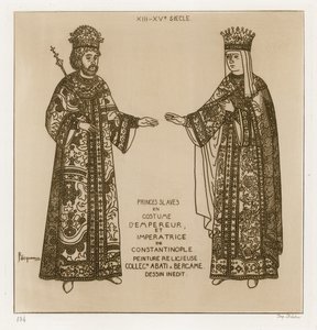 Slavische prinsen in kostuum als de keizer en keizerin van Constantinopel (gravure) door Raphael Jacquemin
