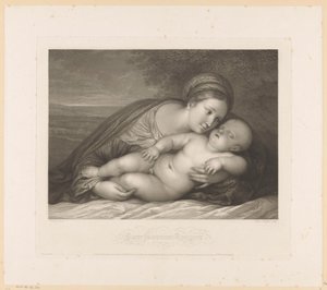 Maria met slapend kind in landschap door Raphael Morghen