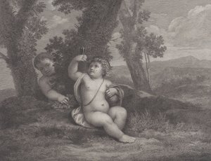 De jonge Bacchus zittend onder een boom, een wijnglas ophoudend, met een andere jonge achter hem, 1780 door Raphael Morghen