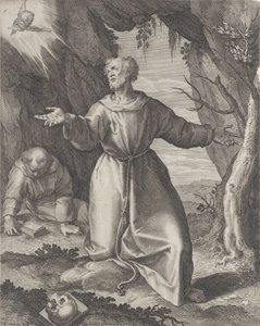 Sint Franciscus knielend met uitgestrekte armen, kijkend naar een cherub linksboven...