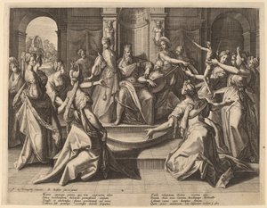 Salomo Verleid tot Afgoderij door Zijn Vrouwen door Raphael Sadeler I after Joos van Winghe