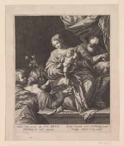 Heilige familie met twee engelen