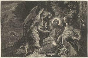 Christus wordt in Getsemane getroost door een engel, de Heilige Dominicus en de Heilige Catharina van Sienna door Raphaël Sadeler (II)
