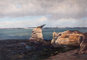 Kust met rotsen (olieverf op karton) door Raymond Bonnefon