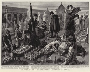 Allerzielen op een Italiaanse begraafplaats, het versieren van de graven (litho) door Reginald Thomas Cleaver