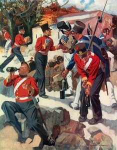 Entente Cordiale - Engelse en Franse troepen delen geschenken tijdens Wellingtons campagne op het schiereiland (kleurenlitho) door Reginald Thomas Cleaver