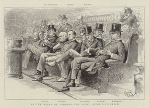 In het Lagerhuis, de voorste oppositiebank (litho) door Reginald Thomas Cleaver