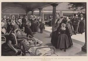 Marktdag in Middelburg, de boterverkopers (litho) door Reginald Thomas Cleaver