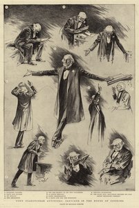 Enkele Gladstoniaanse houdingen, schetsen in het Lagerhuis (gravure) door Reginald Thomas Cleaver