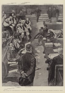 De hertog van Devonshire spreekt in het Hogerhuis over de Parish Councils Bill (gravure) door Reginald Thomas Cleaver