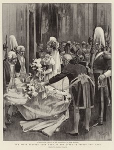 De First Drawing Room gehouden door de Koningin in eigen persoon dit jaar (litho) door Reginald Thomas Cleaver