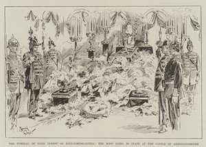 De begrafenis van hertog Ernest van Saksen-Coburg-Gotha, het lichaam liggend in het kasteel van Reinhardsbrunn (gravure) door Reginald Thomas Cleaver