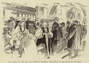 De begrafenis van wijlen Lord Randolph Churchill, de dienst in de kerk van Woodstock (litho) door Reginald Thomas Cleaver