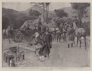 De koningin in Cimiez, Hare Majesteit met thee langs de weg tijdens een middagrit naar Falicon (litho) door Reginald Thomas Cleaver