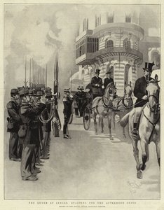 De koningin bij Cimiez, vertrek voor de middagrit (litho) door Reginald Thomas Cleaver