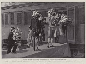 De thuiskomst van de koningin, het vertrek vanaf het station in Nice (litho) door Reginald Thomas Cleaver